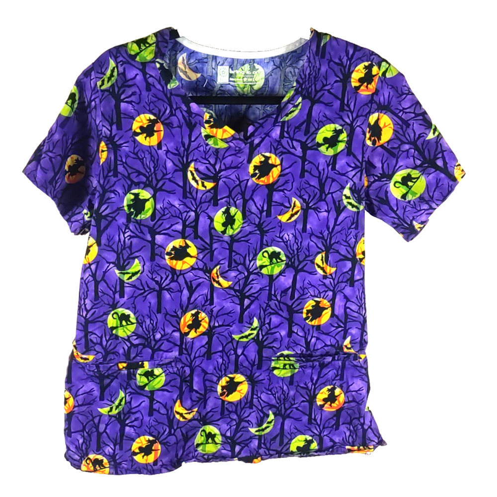 Bring It On Women's Scrub Top Size Large Halloween Purple Bats Witches